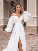 Vintage V-Neck Simple A-Line Wedding Dresses Off the Shoulder Long Puff Sleeves Bridal Gowns Vestido De Novia